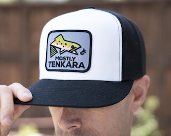 Trucker baseball hat with embroidered patch, rainbow or golden trout fly fishing logo