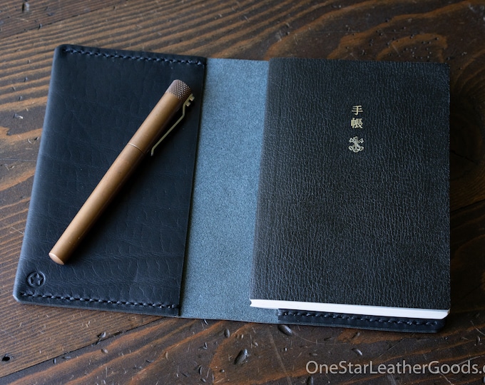 Leather wrap cover for A6 sized softcover notebooks - fits Hobonichi planner, Midori, Apica, Nanami and more - Horween Dublin, black