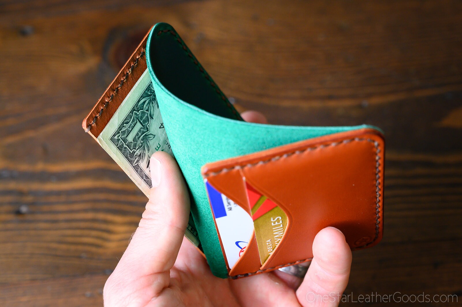 6 Pocket Horizontal Leather Wallet, Horween Chromexcel bright green / chestnut bridle