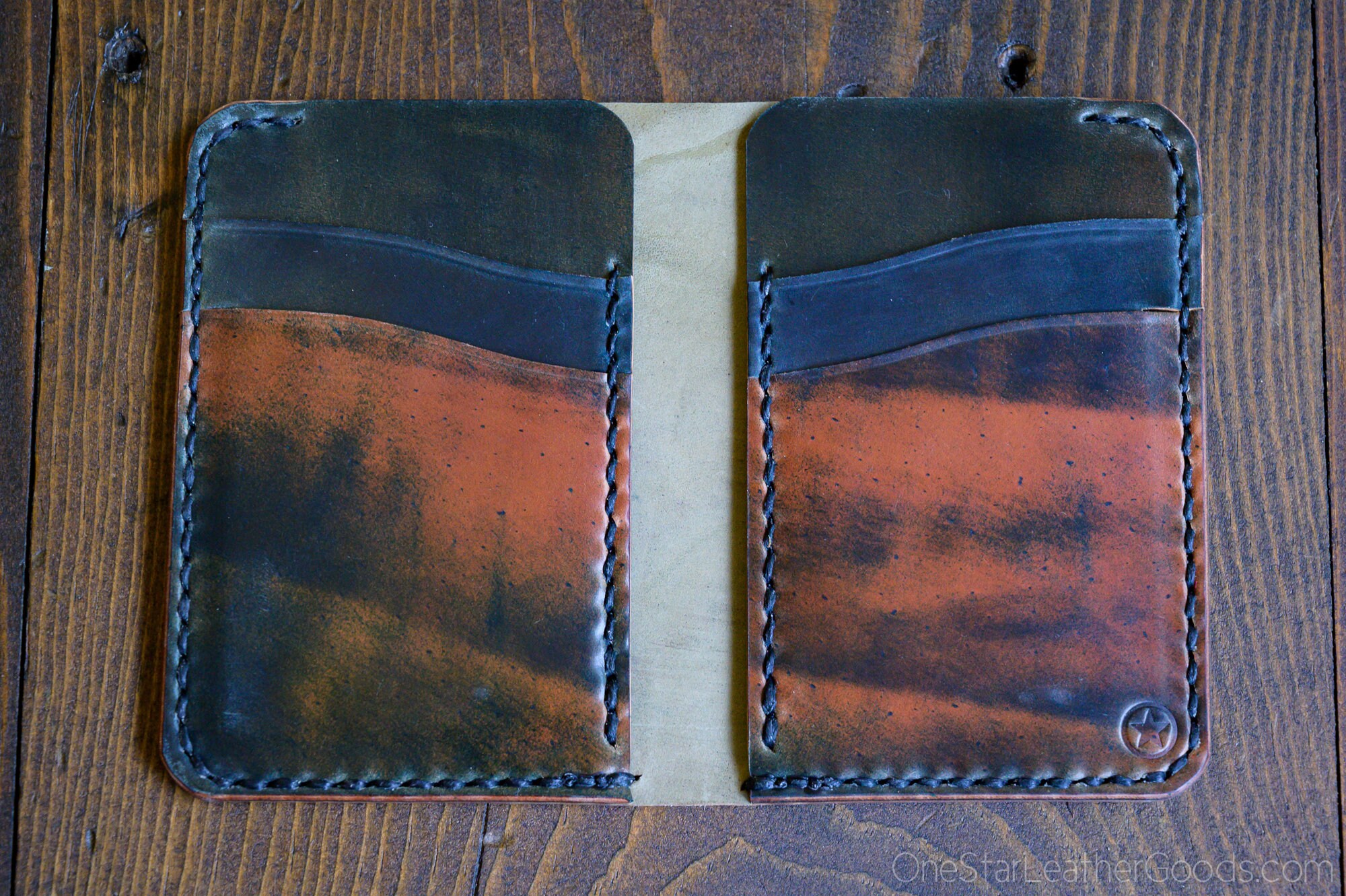 6 Pocket Vertical wallet - Horween Marbled shell cordovan, black stitch