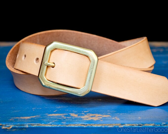 Custom sized belt - 1.25" width - natural veg leather - center bar buckle