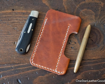 EDC-1, every day carry pocket knife and pen case, small size, for FisherSpacePen or Kaweco Liliput - chestnut Horween Dublin leather