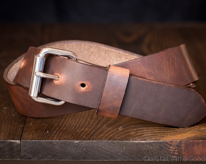 Custom sized belt, 1.25" width, Horween Dublin leather, heel bar buckle - brown nut