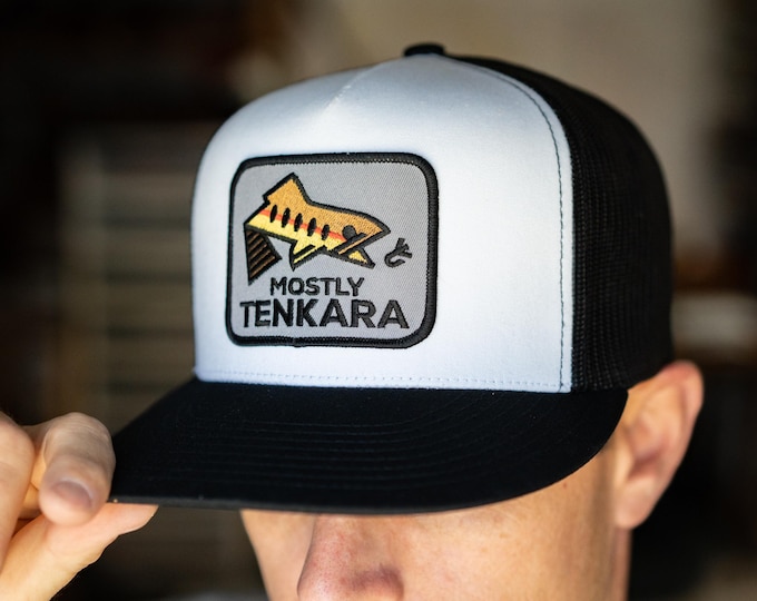 Trucker baseball hat, 5-panel Yupoong 6006, rainbow or golden trout fly fishing logo