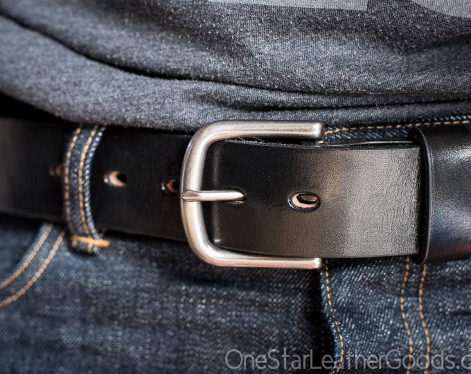 Custom sized belt - 1.5" width - 12 oz. black harness leather - heel bar buckle