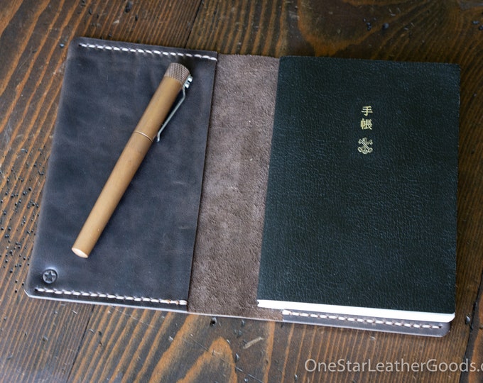 Leather wrap cover for A6 sized softcover notebooks - fits Hobonichi planner, Midori, Apica, Nanami and more - Horween espresso