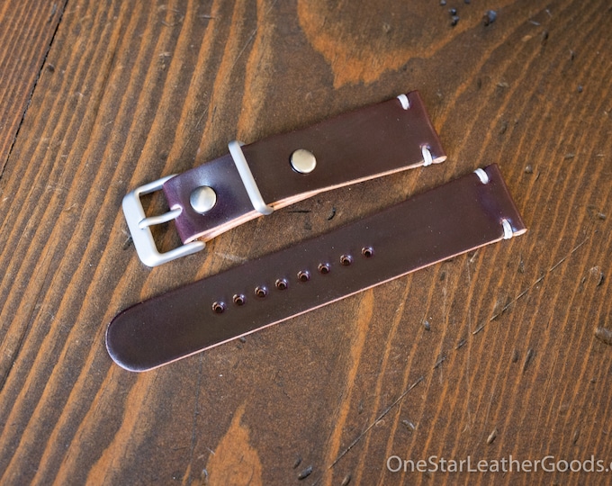 20mm leather two piece watch band - Horween shell cordovan leather, burgundy #8