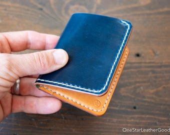 6 Pocket Horizontal Leather Wallet - Horween shell cordovan, navy / tan bridle