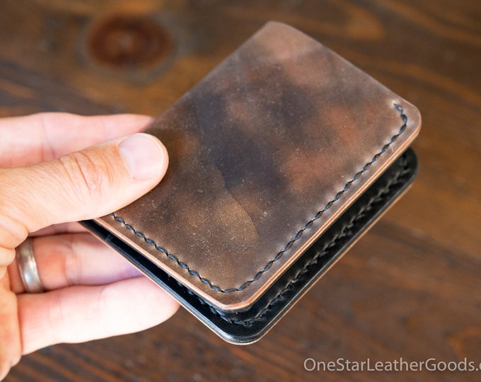 6 Pocket Horizontal Leather Wallet - marbled dark cognac Horween shell cordovan / black Buttero leather