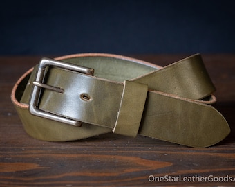 Custom sized belt - 1.5" width - olive harness leather - heel bar buckle