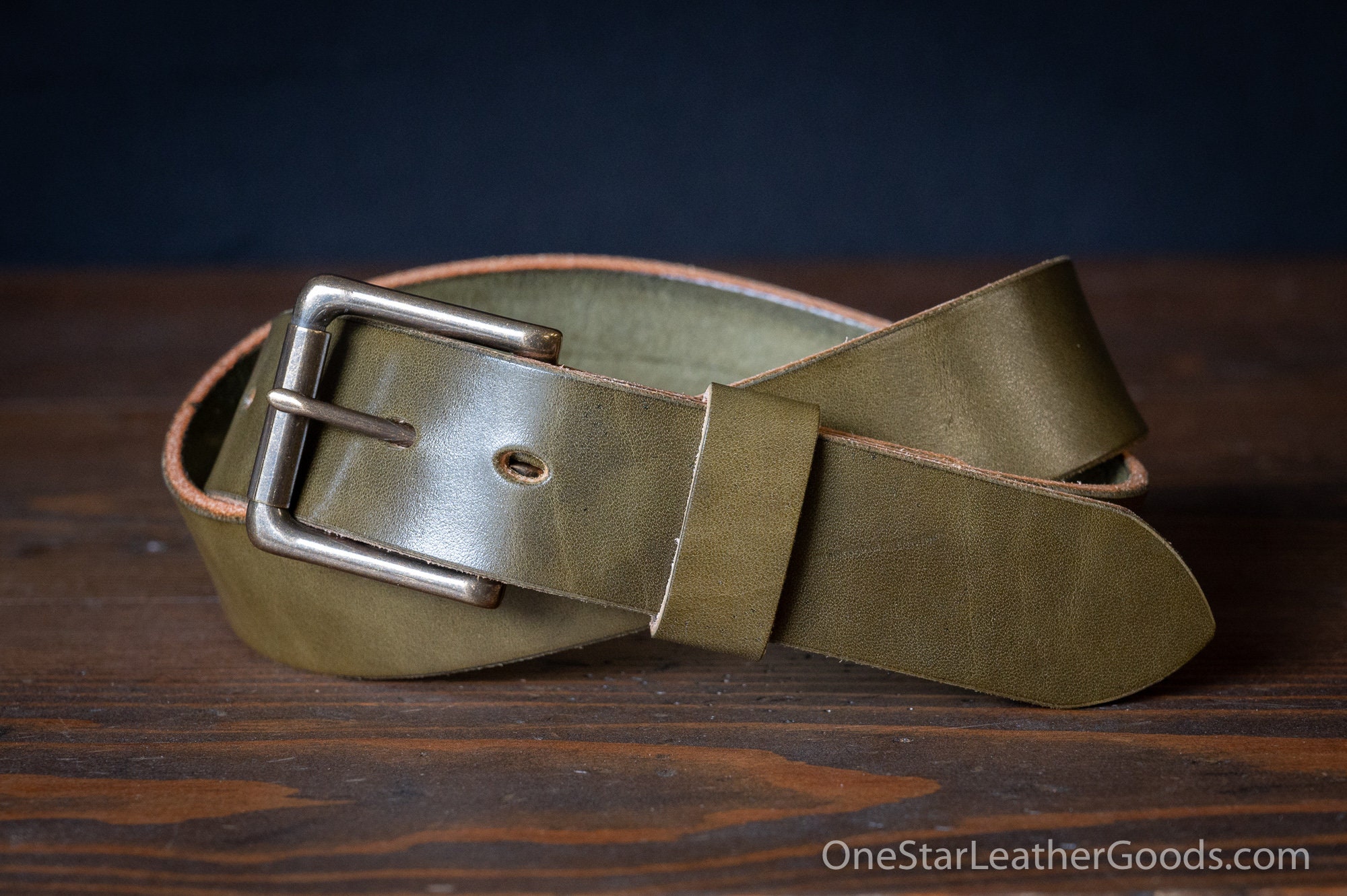 Custom sized belt - 1.5 width - olive harness leather - heel bar buckle