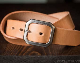 Custom sized belt - 1.25" width - tan harness leather - center bar buckle