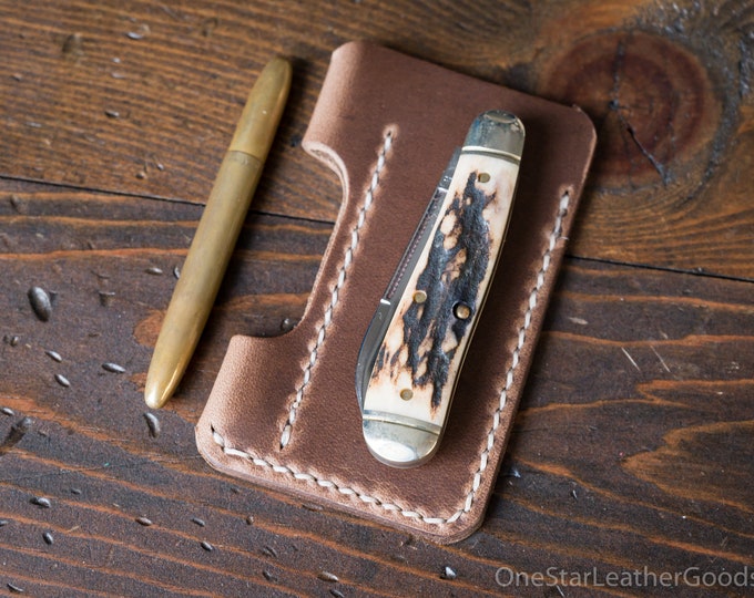 EDC-1, every day carry pocket knife and pen case, small size, for FisherSpacePen or Kaweco Liliput - Horween natural Chromexcel