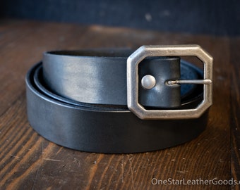 Custom sized belt - 1.25" width - black harness leather - center bar buckle