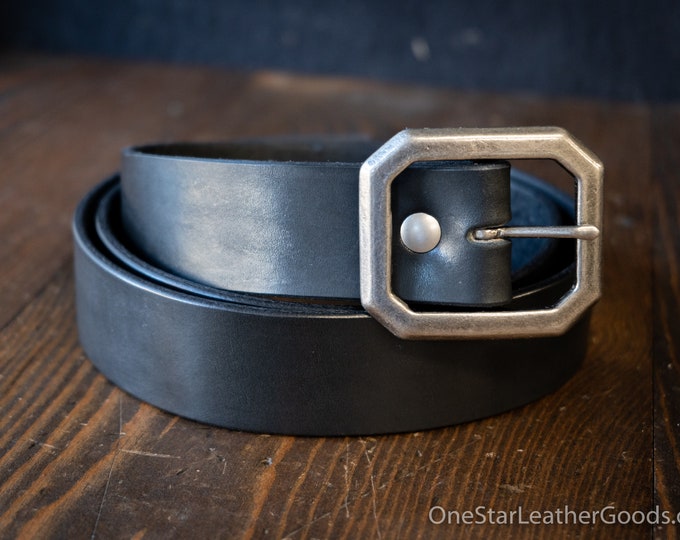 Custom sized belt - 1.25" width - black harness leather - center bar buckle