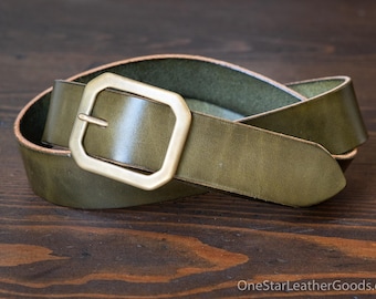 Custom sized belt - 1.25" width - olive harness leather - center bar buckle