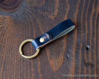 Key fob & keyring, keychain, Horween shell cordovan - blue / brass