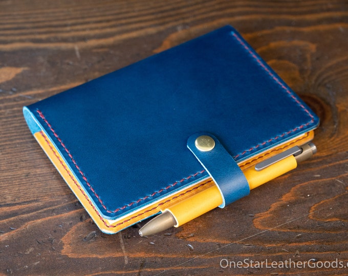 Customizable leather cover for A6 sized softcover notebooks - Hobonichi, Midori, Muji, Apica & more - navy / yellow Buttero