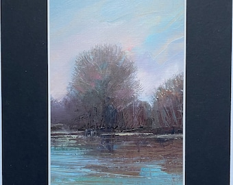 Original Landscape Oil Painting, Evening Lakeside series - no.1, black or white mount 9.9” x 7.9”, original painting NOT a print
