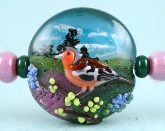 3D POSTCARD WITH CHAFFINCH - Handmade Lampwork Glass - Mini Set with Sculptural Focal Bead - Bird on 3D Landscape - Spring