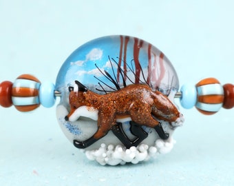 3D POSTCARD WITH FOX - Handmade Lampwork Glass - Mini Set with Sculptural Focal Bead - Fox on 3D Landscape - Winter
