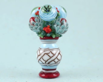 FROM The DOLL'S HOUSE - Handmade Lampwork Glass - Miniature Vase Bead - Pale Blue Ivory Red - 100% Flameworked