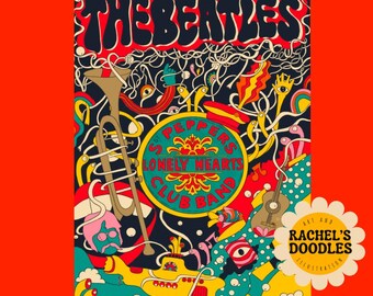 Hand-Drawn Sgt. Pepper’s Parade Print | Beatles-Inspired Psychedelic Art | Retro 60s Wall Print | Collectible Music Illustration
