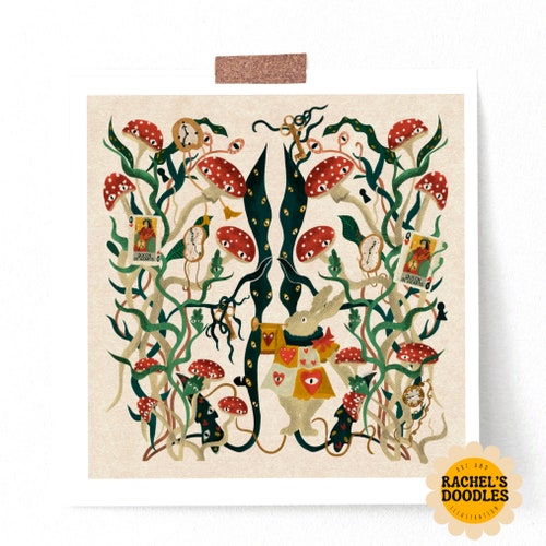 Alice in Wonderland 8x8 Hand Drawn Illustration Print, Unique gift, Alice Home Decor, Xmas Gift, Poster, Mom, Girl Gift Print, Illustration