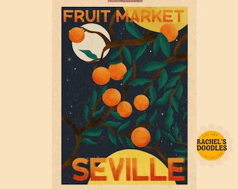 Seville Orangenbaum Poster | Mediterrane Wandkunst | Orangenbaum Küchen Deko