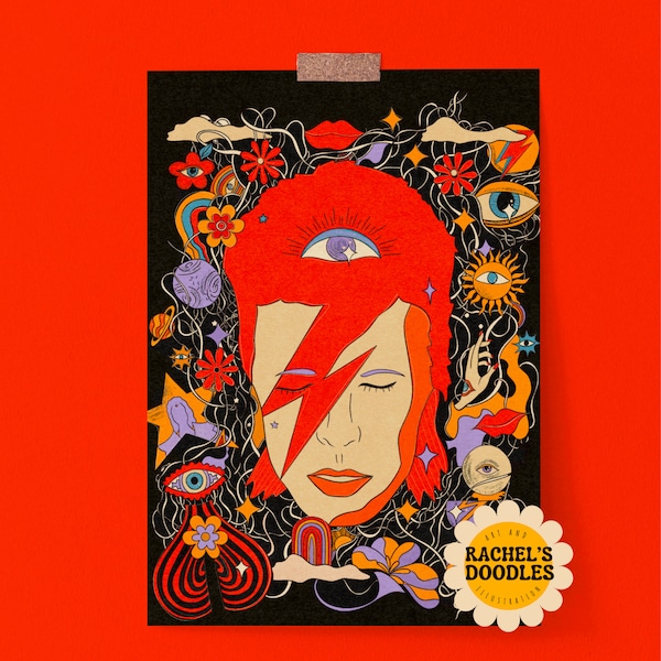 David Bowie inspired Retro Poster~ Vintage Hand Drawn Illustration Print