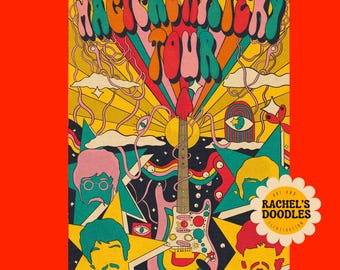 Magical Mystery Tour-Druck – Handgezeichnete, von der Musik der 60er Jahre inspirierte psychedelische Kunst