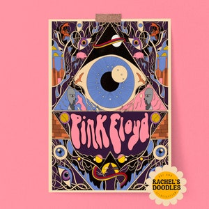 Handgezeichnete dunkle Seite | Von Pink Floyd inspirierte psychedelische Kunst | Retro 60er Jahre Wandbild | Sammlerstück Musik Illustration