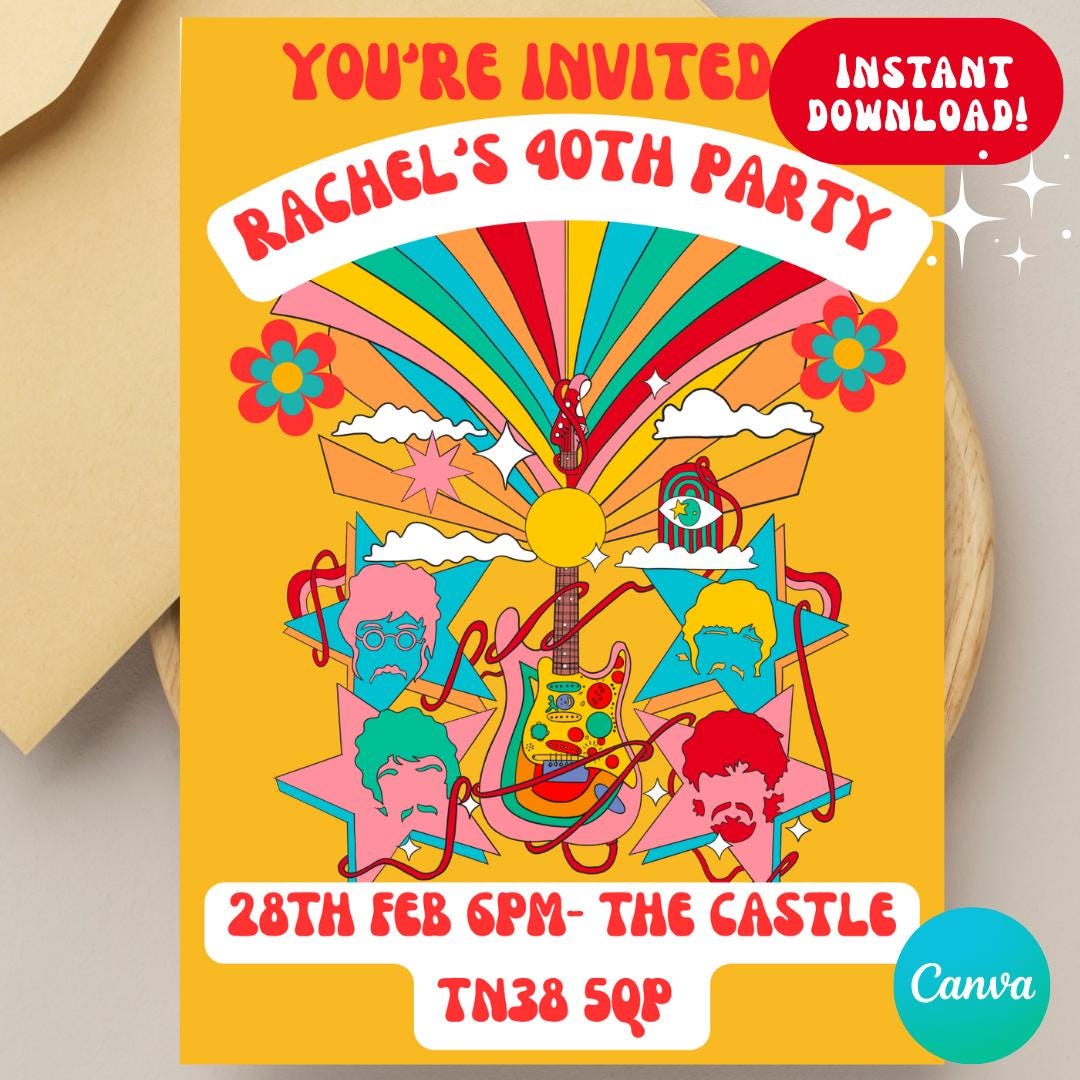 Beatles Inspired Retro Party Invitation | 60s 70s Groovy Psychedelic ...