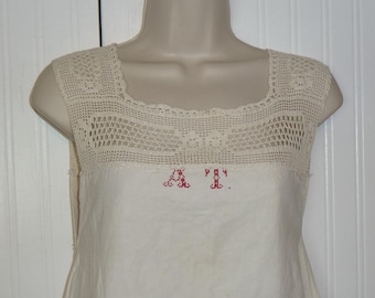 Antique Chemise Victorian Edwardian Nightgown Crochet Lace Embroidery Monogram Petticoat White