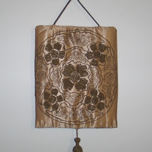 Antique Victorian Hand Embroidered Metallic Thread Tapestry Panel on Net Lace- Passementerie Tassel