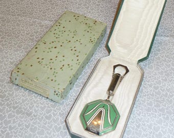Antique Art Deco Chatelaine French le De'But Enamel Compact orig box & case Art Nouveau Silver Chatelaine
