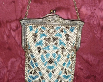 Antique 1920s Mandalian MFG Art Deco Flapper Mesh Chainmail Enameled Metal Flapper Purse Handbag Coin Pouch