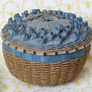 以下が含まれることがあります： 丸い織りバスケットと蓋。バスケットは天然色の繊維でできており、中央に青いバンド、蓋に青いアクセントが付いています。蓋は青いループのディテールが施された織りデザインです。バスケットは、黄色と白の模様の表面に置かれています。