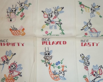 6 vintage kökshanddukar, handbroderade, Bumble Bee, mjölpåse