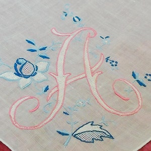 NOS Antique Hanky Monogram "A" Madeira Embroidery Lace Hand Embroidered Bridal Wedding Handkerchief