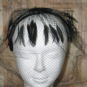 1960s Black Veiled Hat - Sheer Net Cage Veil with Hand Beading  & Wispy Black Feathers- Glamorous 60&#39;s Millinery - Bouffant Hairstyle Accent