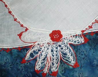 Vintage Lace Handkerchief Crochet Lace Red-White Hanky~Bridal-Wedding Hanky
