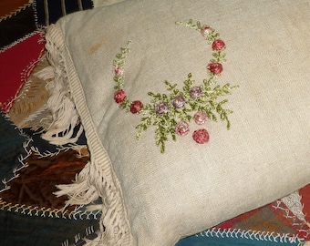 Antique Pillow Authentic Arts & Crafts, Mission Stickley Era Ecru Linen, Silk Embroidery