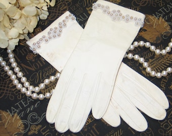 vintage blanc Kid Gants en cuir ~ Faux Perles taille 6 1/2-New Old Stock UNWORN Mariage-Bridal Lavable