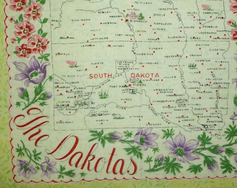 nwot Antique Vintage THE DAKOTAS Handkerchief North & South Dakota State Souvenir Map