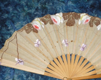 Antique Vintage Hand Painted Fan-Cotton Linen- Flowers Folding Fan Flapper Costume-stage photo prop