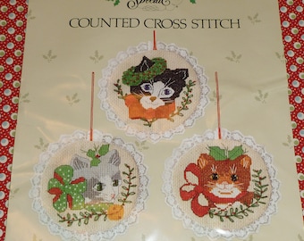 Vintage Christmas CATS Counted Cross Stitch Holiday Ornament Kit-Candamar Designs