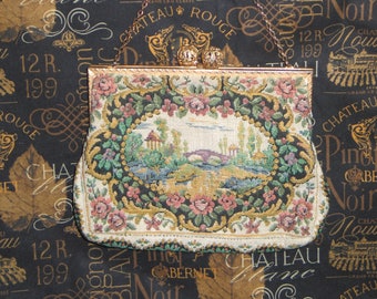 Antique Vintage Tapestry Purse from Romania- Countryside motif Weave Purse Handbag Floral Scroll Tapestry Purse