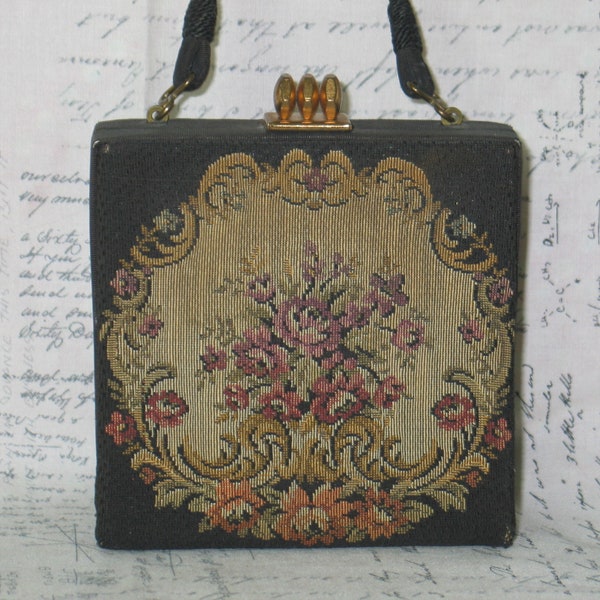 Antique Tapestry Purse from Belgium- Vintage Floral motif Weave Purse Handbag Floral Scroll Tapestry Purse