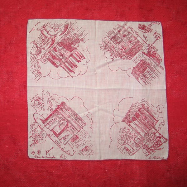 Unique Antique Hanky / Vintage Handkerchief / PAIRS France Souvenir Hanky / 1940s 1950s Mid Century / Arc de Triomphe / Notre DameUNUSED